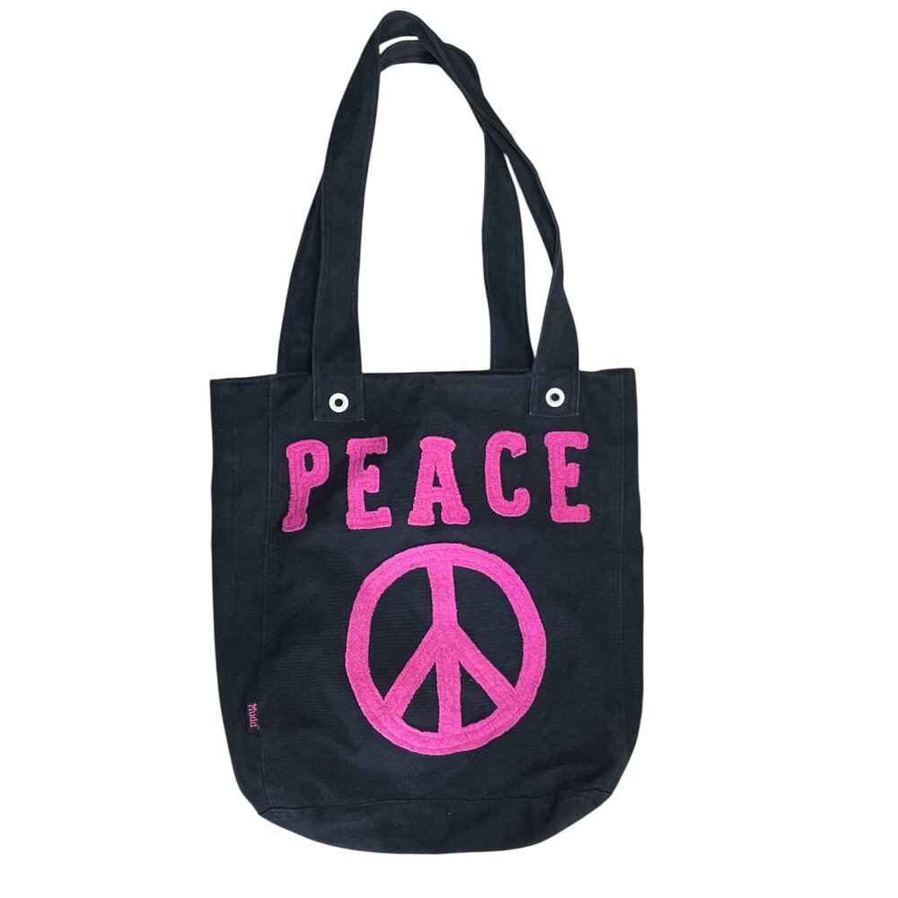 Vintage 00s Y2K Mudd Black Cotton Canvas Embroidered Peace School Book Tote Bag